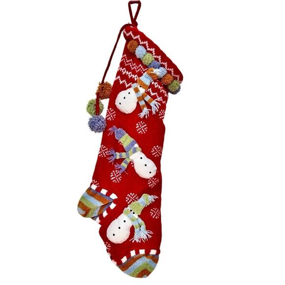 Knit Red Christmas Holiday Stocking Snowmen & Tassles. - Picture 2 of 7